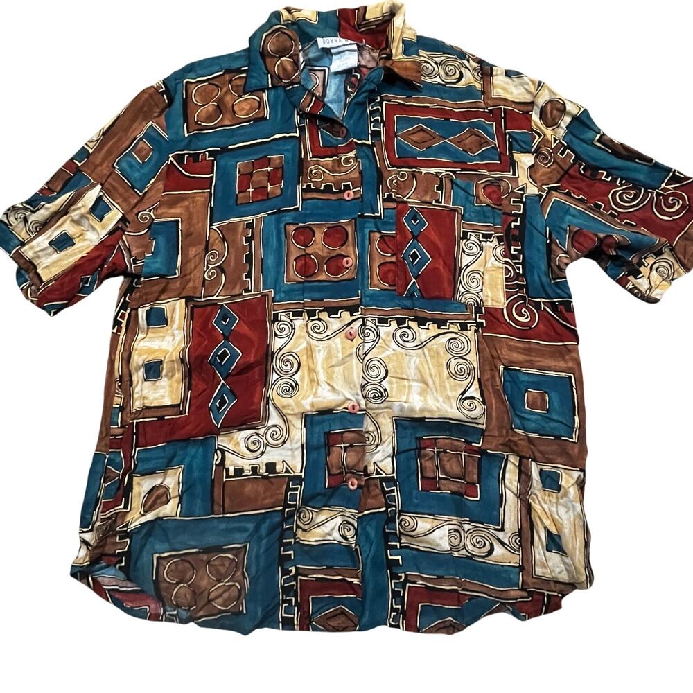 Donna Vintage Women‎ 16/18 Abstract Geo Print Button Up Shirt Short Sleeve Retro